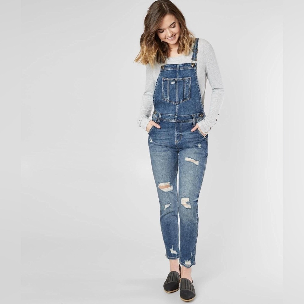 Sneak Peek High Rise Denim Stretch Overalls distressed denim size S